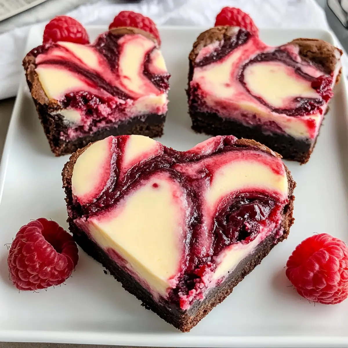 Herzförmige Brownies mit Himbeerswirl und Käsekuchenbelag