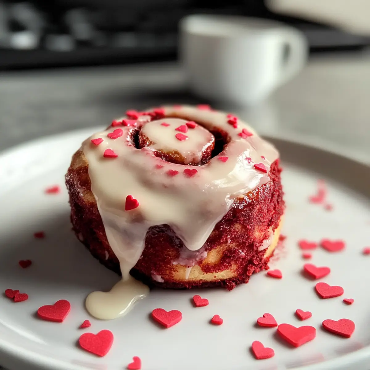 Rot Samt Valentinstag Zimtschnecken mit Vanilleglasur