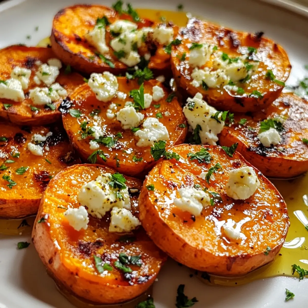 Geröstete Süßkartoffelrunden mit Honig und Feta