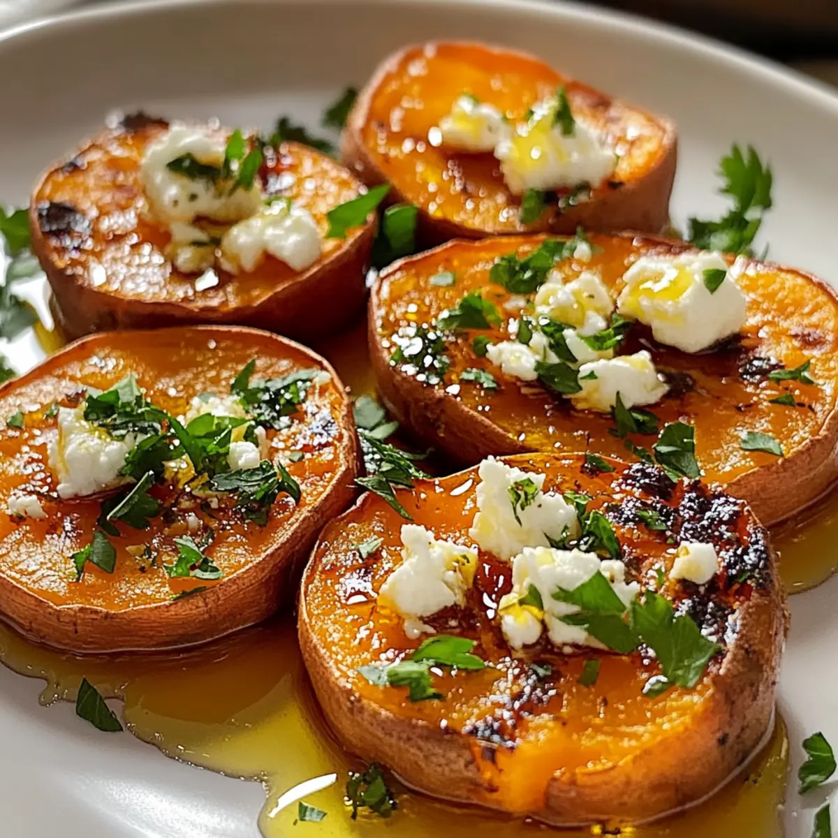 Geröstete Süßkartoffelrunden mit Honig und Feta