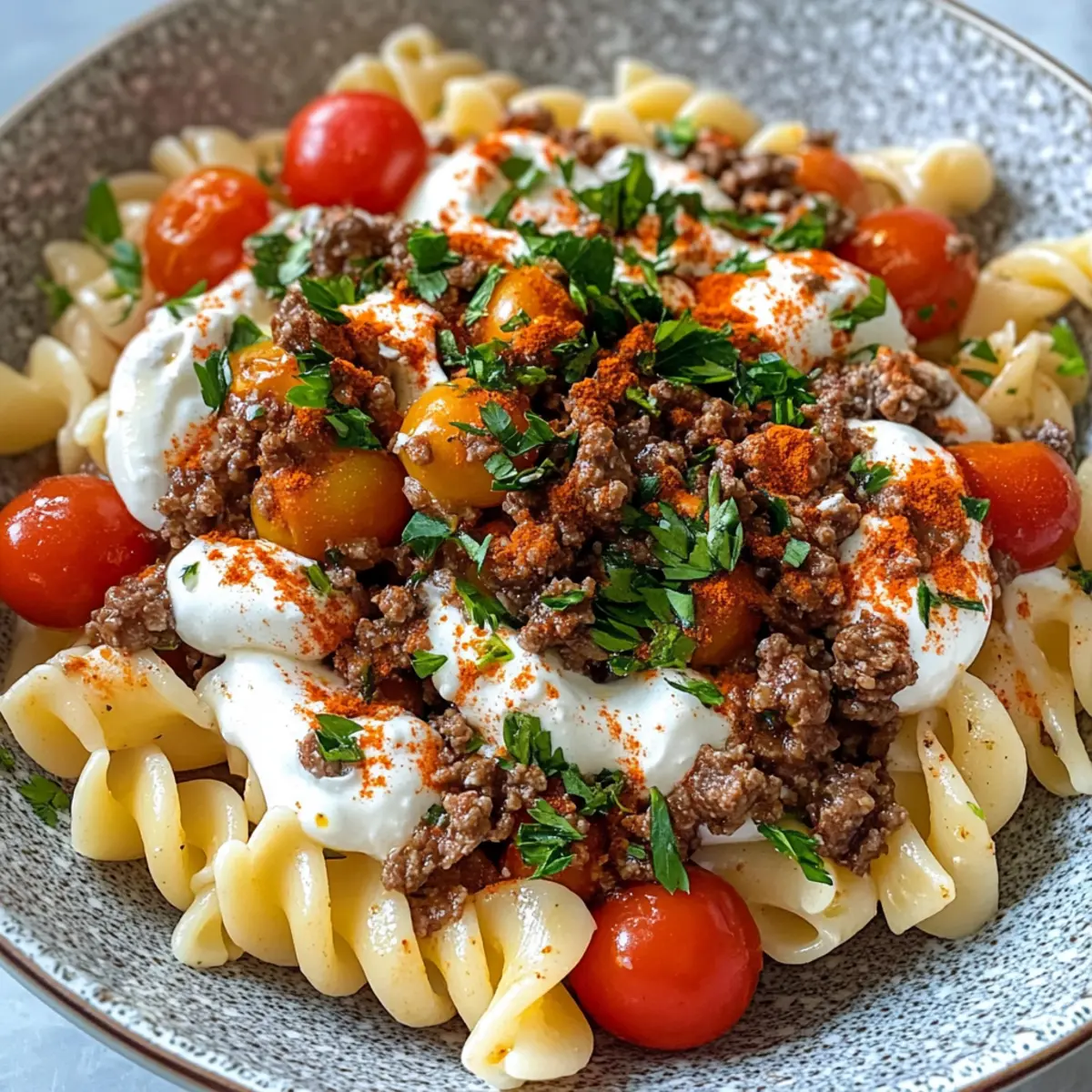 Türkische Pasta mit Knoblauchjoghurt und Gewürzfleisch