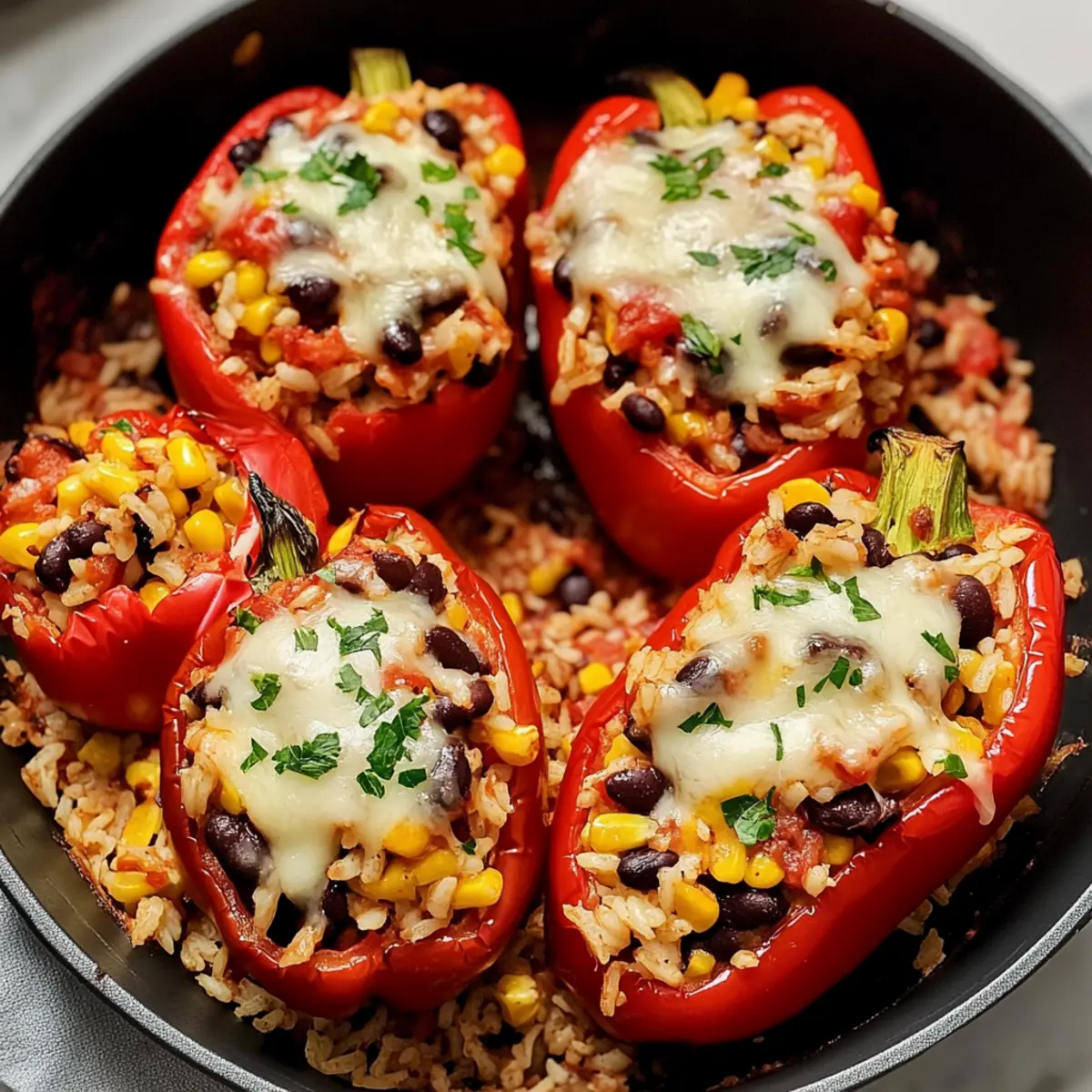 Vegetarische gefüllte Paprika mit würzigem Reis und Bohnen