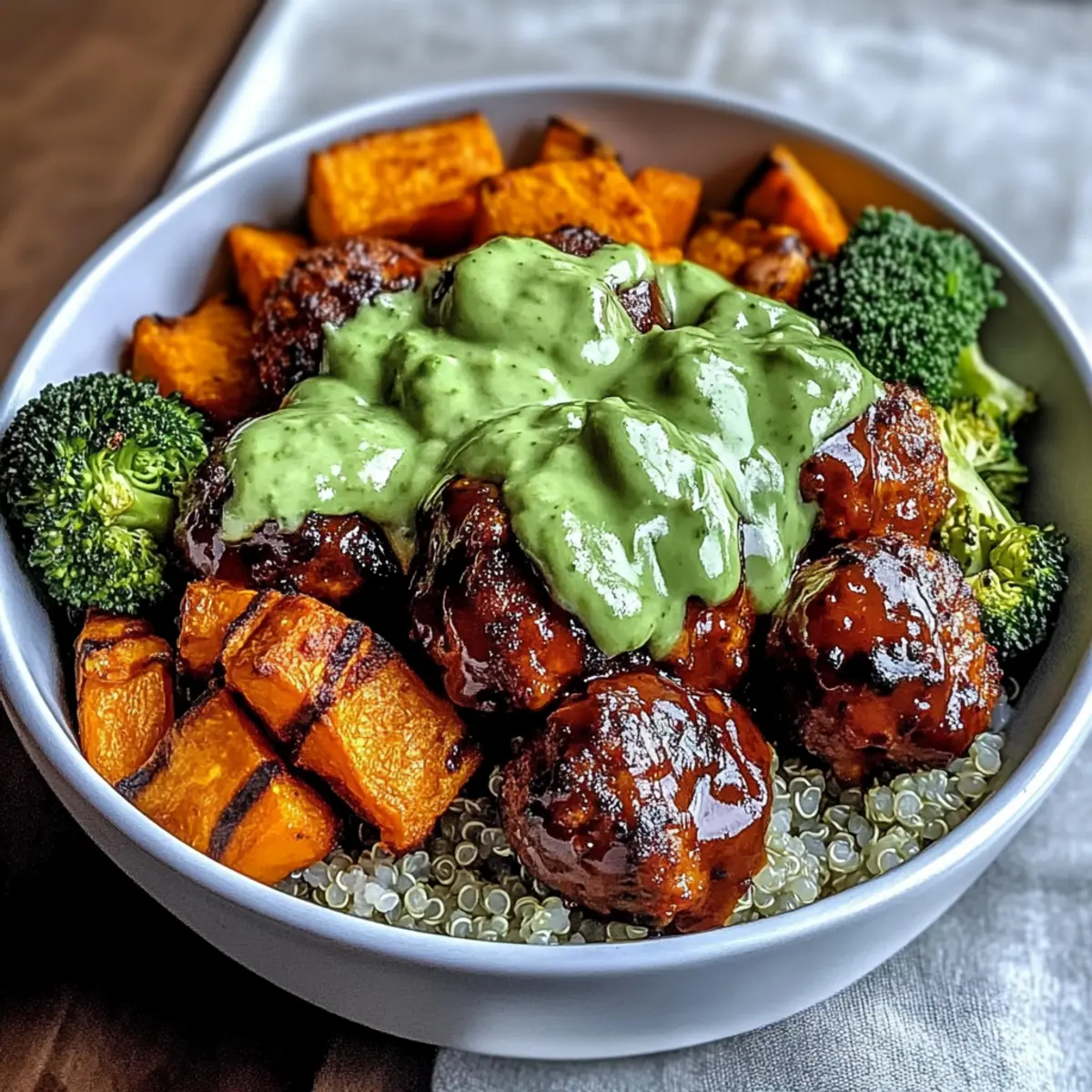 Grillfleischbällchen-Schalen mit cremiger Avocadosoße