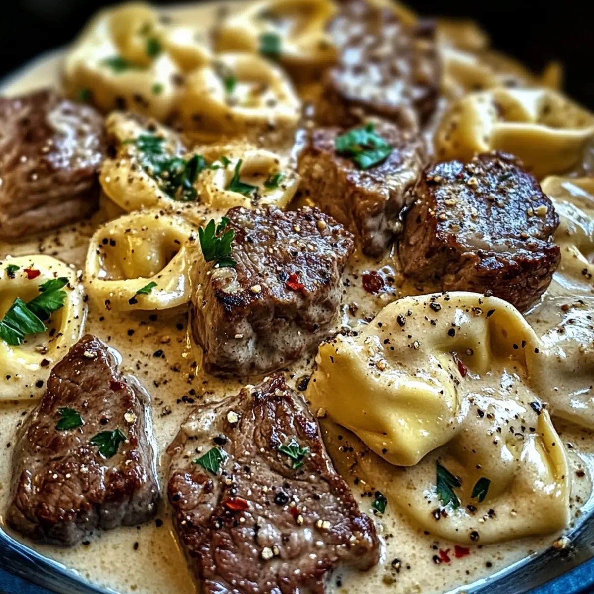 Zerdrückter Knoblauch Steak Tortellini in Sahnesauce