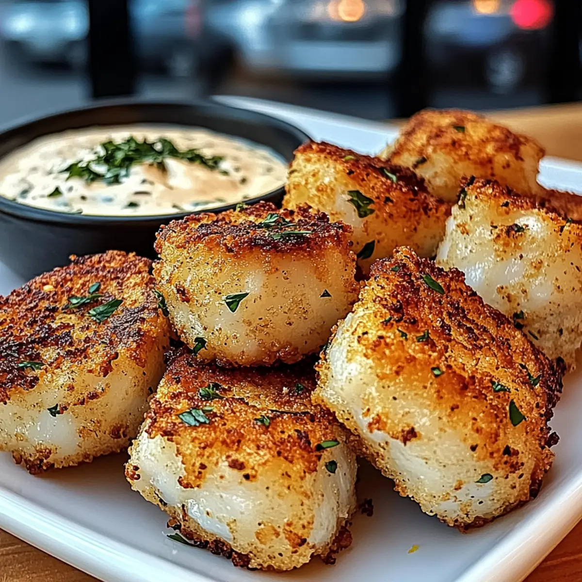 Knusprige Knoblauch-Kabeljau-Bissen mit Dip