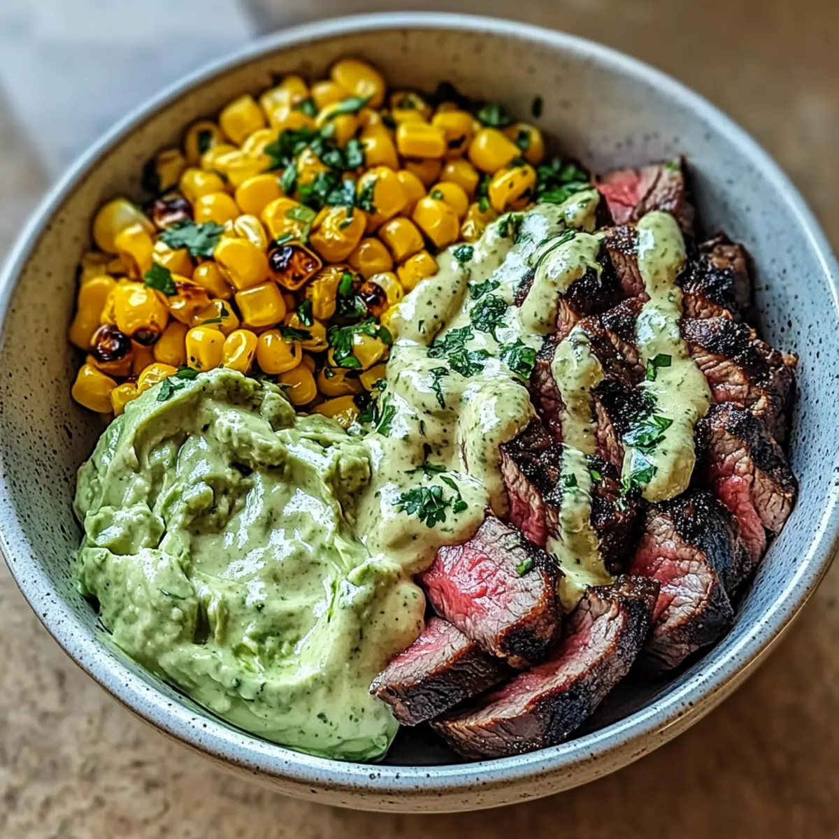 Steak, Avocado und geröstete Mais-Schüssel mit Koriander-Crème-Sauce