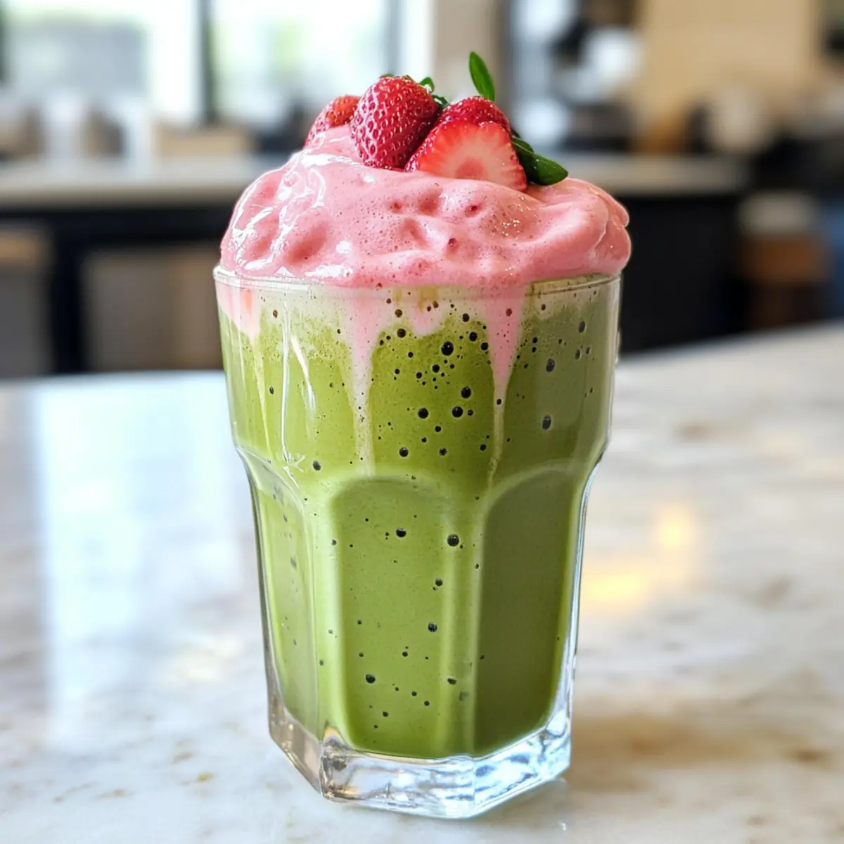 Eisgekühlter Matcha Latte mit Erdbeer-Kalt-Schaum
