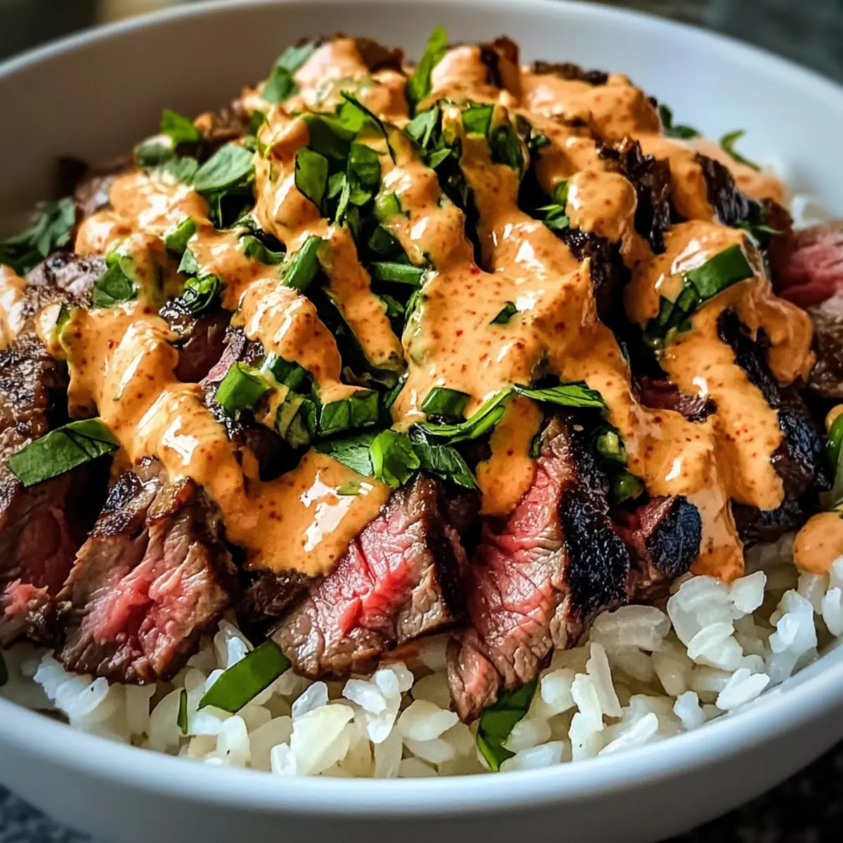 Koreanisches BBQ Steak Reisbowl mit scharfer Cremesauce
