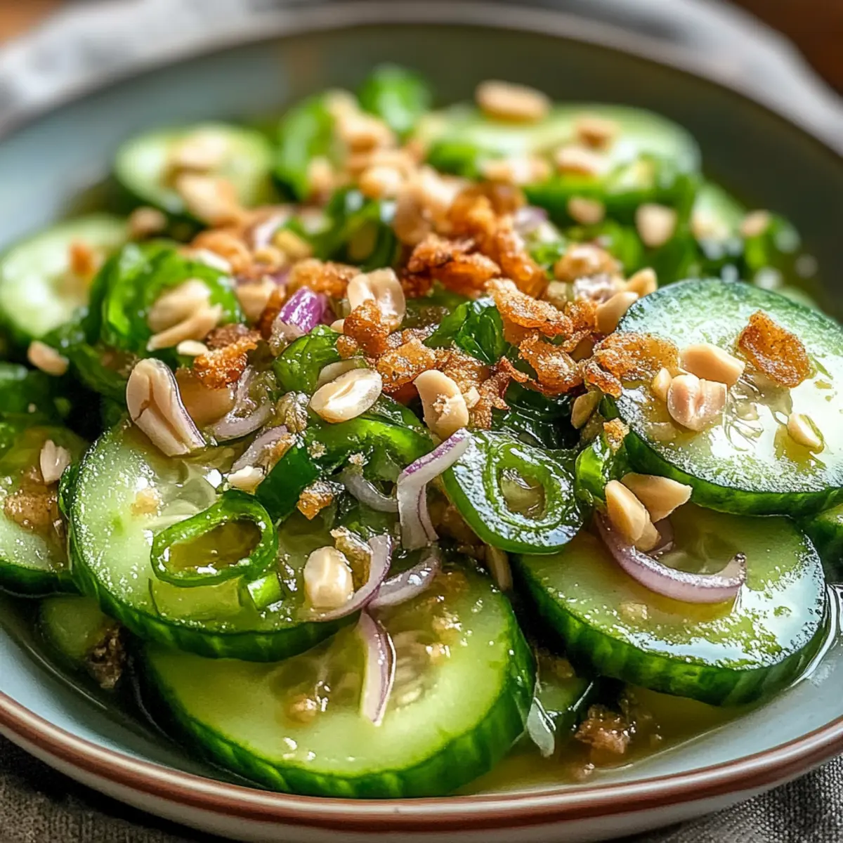 Miso Gurkensalat mit knusprigen Schalotten