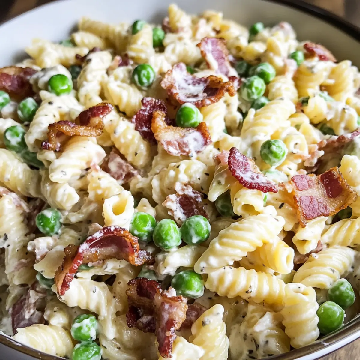 Kcremiger Nudelsalat mit Speck und Erbsen