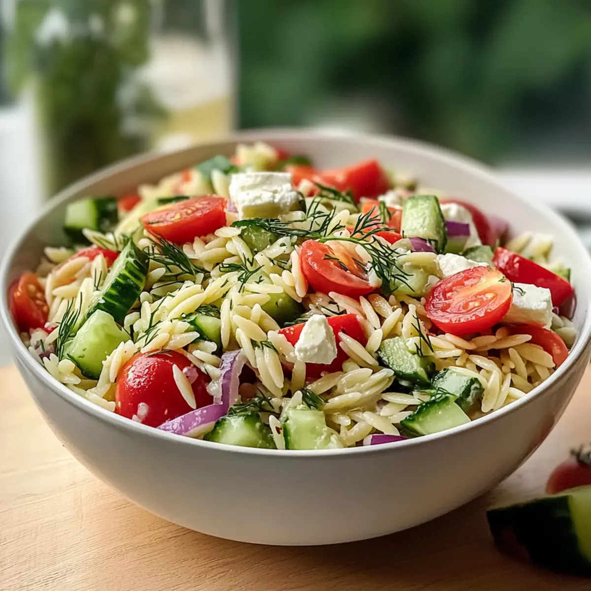 Schneller mediterraner Orzo-Pastasalat für heiße Tage