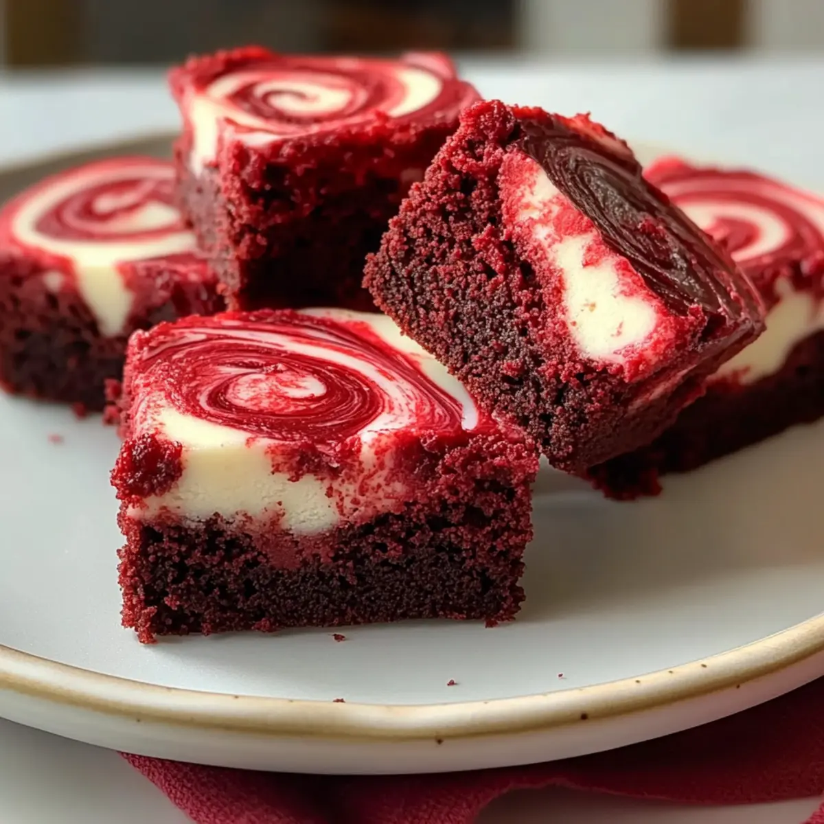 Rote Samt Brownie Bissen mit Frischkäsewirbel