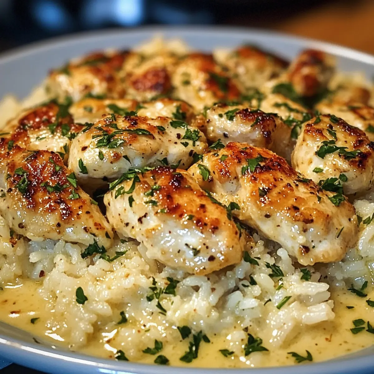Hühnchen Scampi mit cremigem Knoblauch-Parmesan-Reis