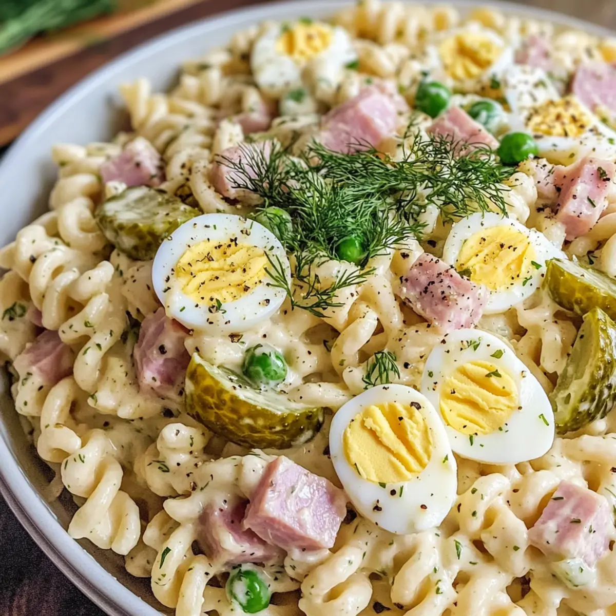 Essiggurken-Deviled-Egg-Nudelsalat mit Schinken