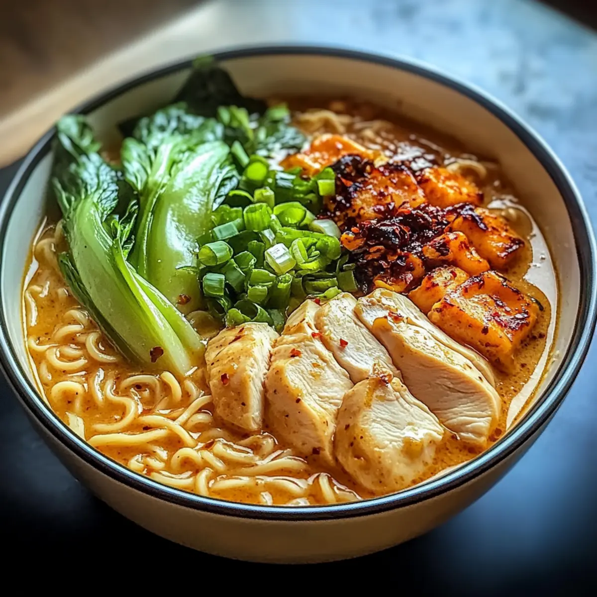 Feuriges Hähnchen Ramen mit cremiger Knoblauchsoße