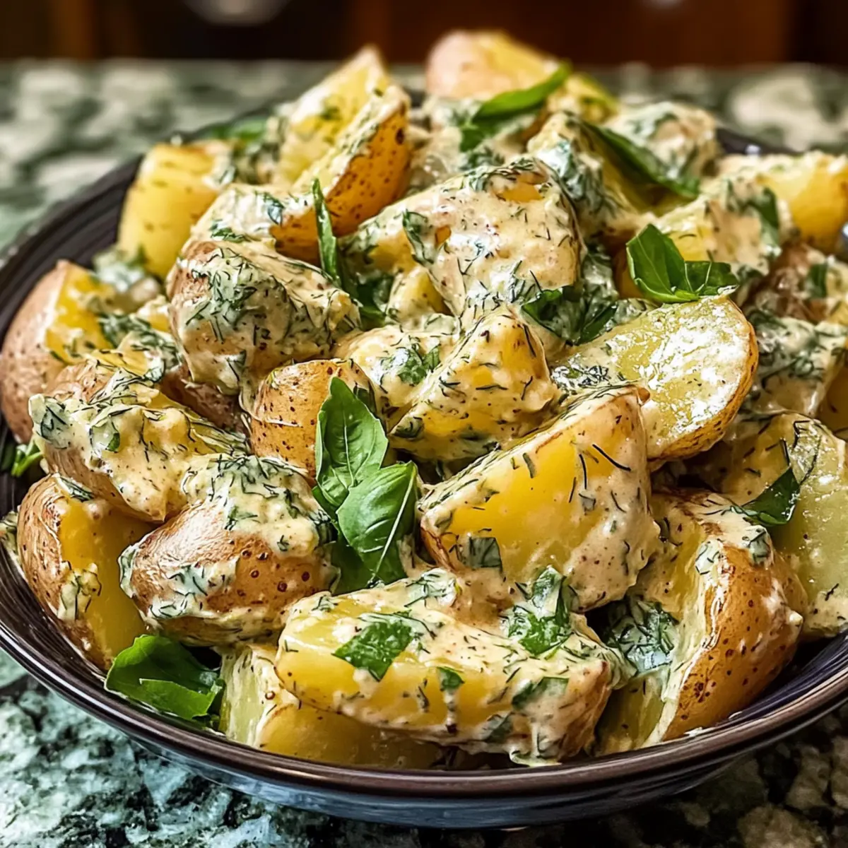 Kremiger Ernte Kartoffelsalat mit Nuss-Dressing