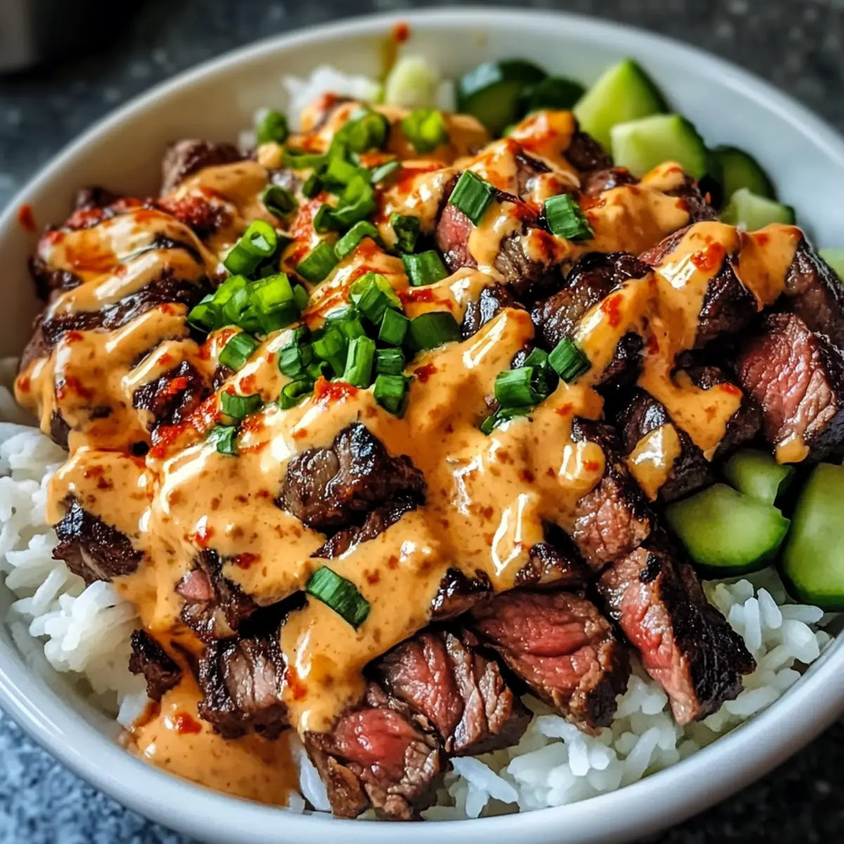 Koreanisches BBQ Steak Reisbowl mit scharfer Sahnesauce