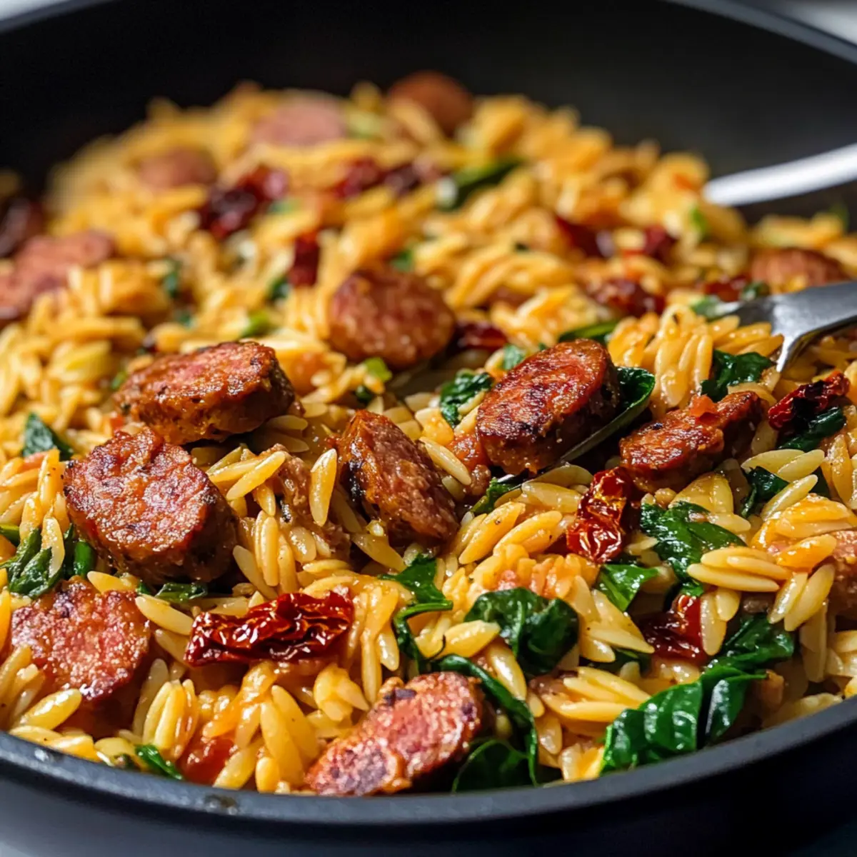 Ein Topf Cajun-Wurst und Orzo Genuss