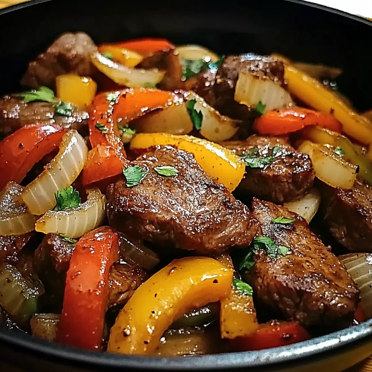 Pfeffersteak mit Paprika und Zwiebeln schnell zubereiten