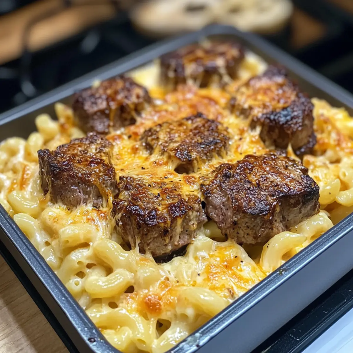Steakstückchen mit Makkaroni und Käse genießen
