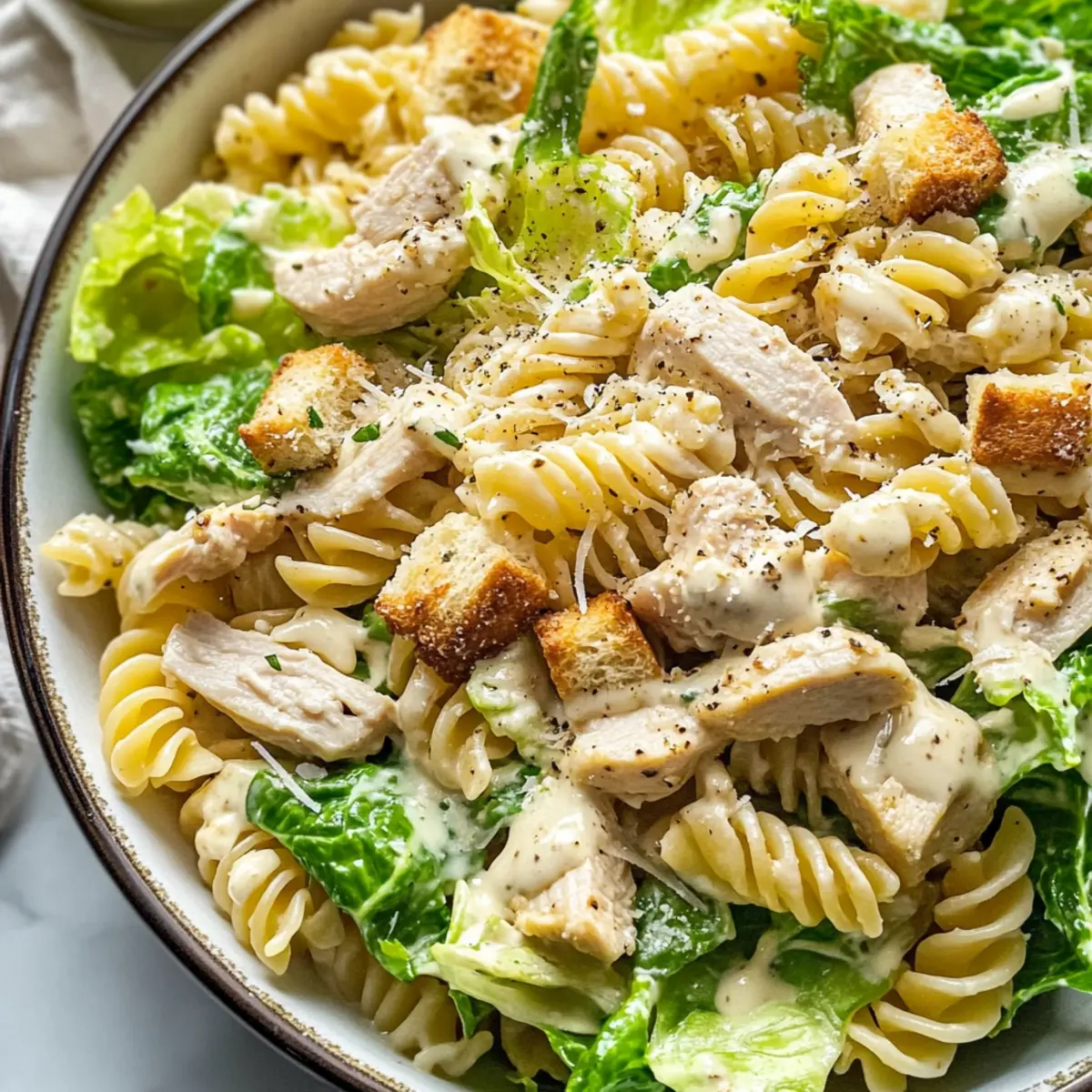 Hähnchen Caesar Pasta Salat: Ein cremiger Genuss