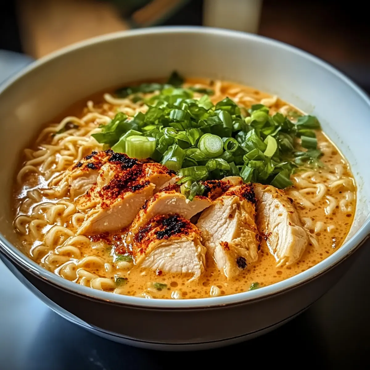 Feuriges Hähnchen Ramen mit cremiger Knoblauchsoße
