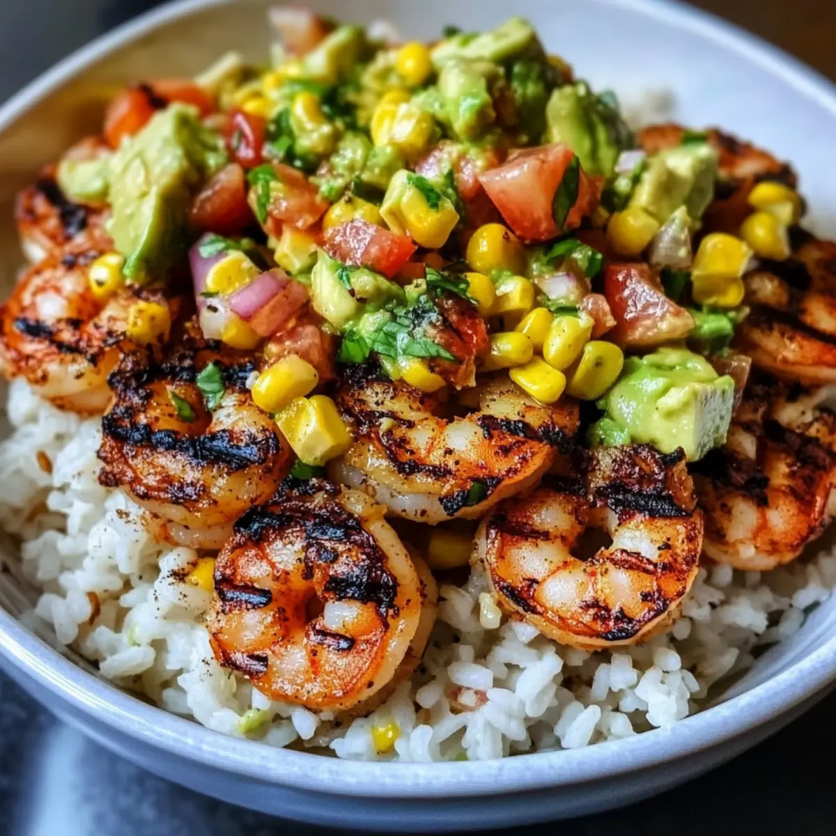 Gegrillte Garnelen Schüssel mit Avocado-Mais-Salsa