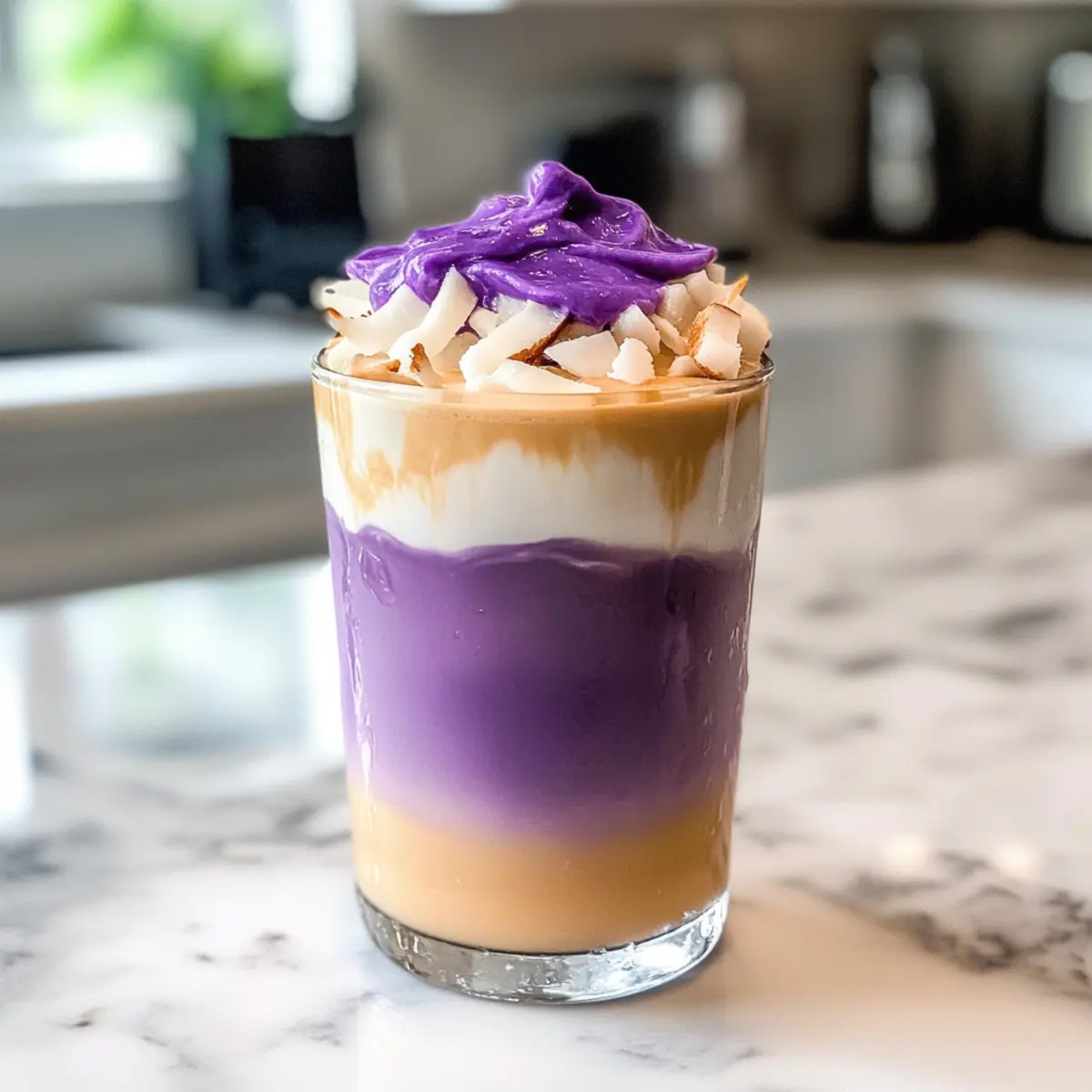 Eisige Ube Kokosnuss Macchiato für Tropenliebhaber