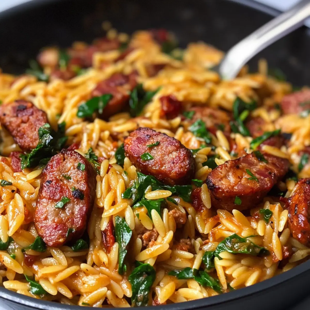 Ein Topf Cajun-Wurst und Orzo für schnelle Abende