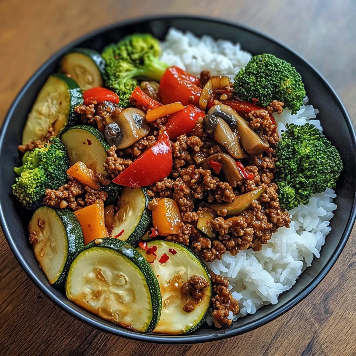 Scharfe Rinderhackfleisch-Pfanne mit Gemüse und Reis