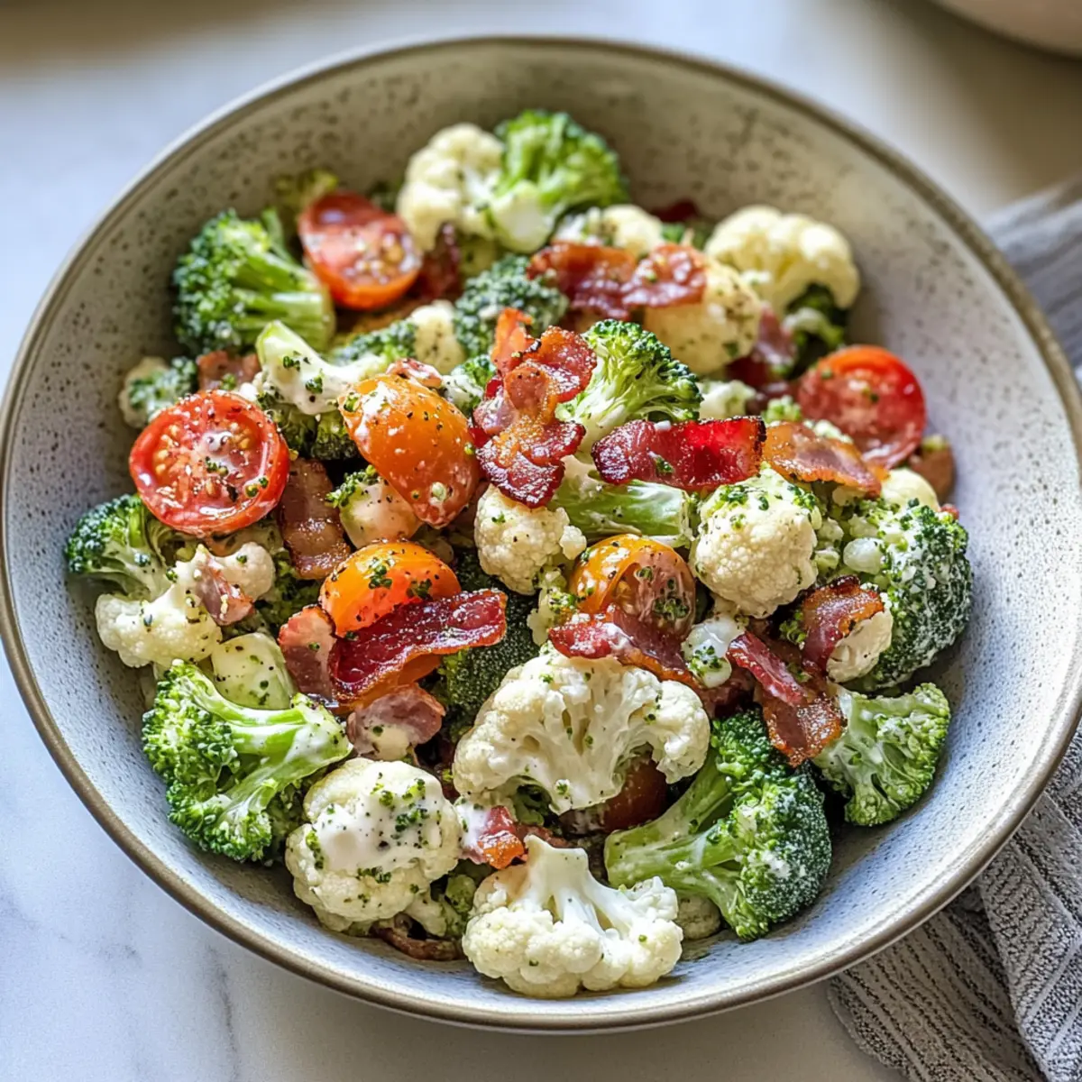 Brokkoli-Blumenkohlsalat mit Speck für BBQs genießen