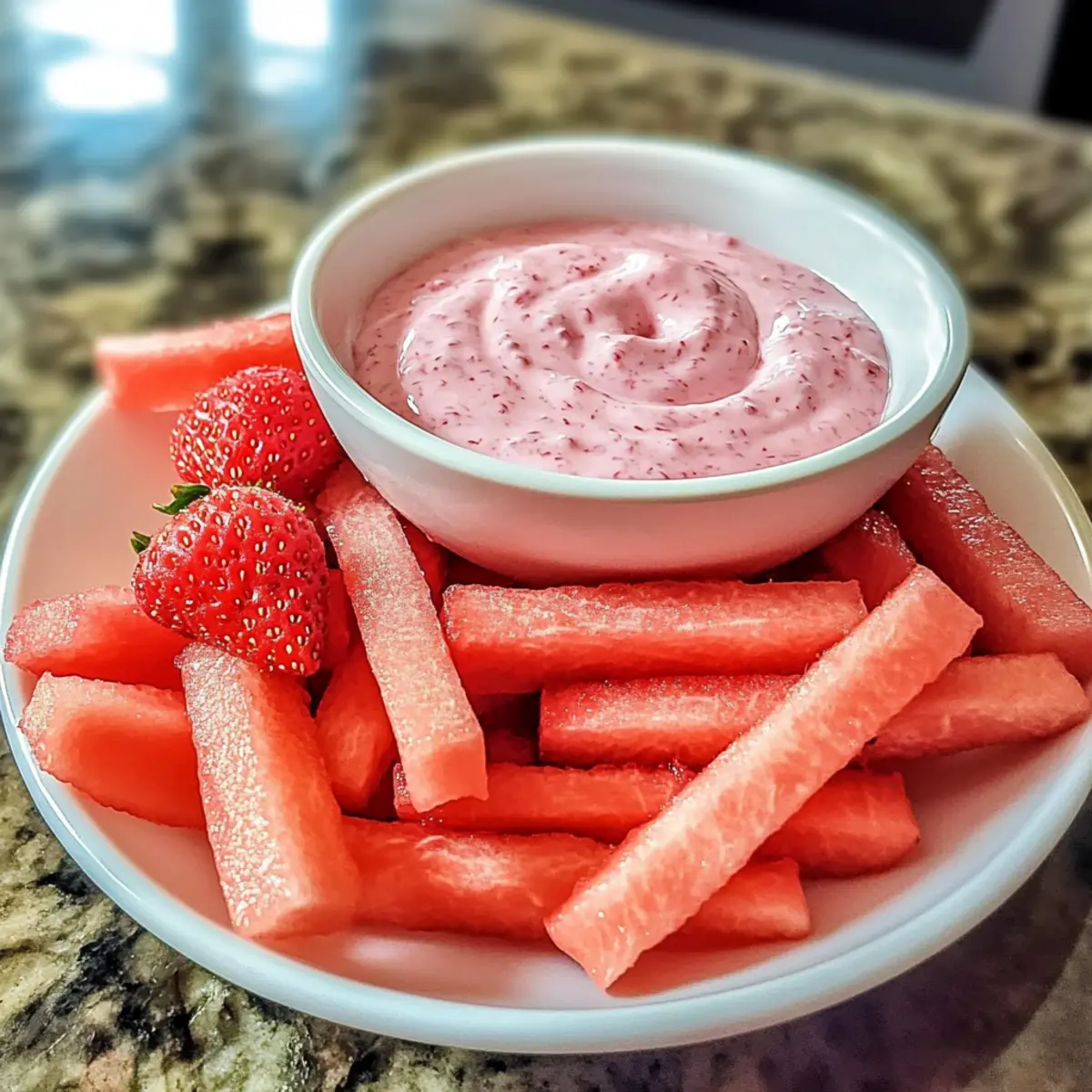 Gesunde Wassermelonen-Pommes mit Erdbeer-Joghurt-Dip