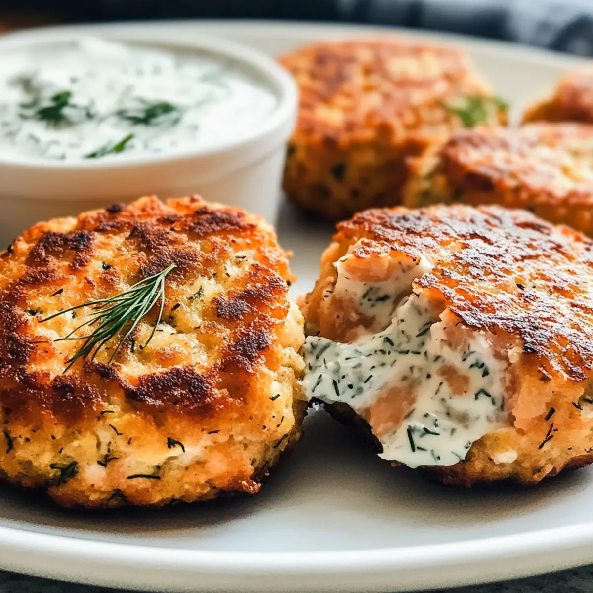 Crispy Lachsfrikadellen mit scharfer Dill-Knoblauch-Dip
