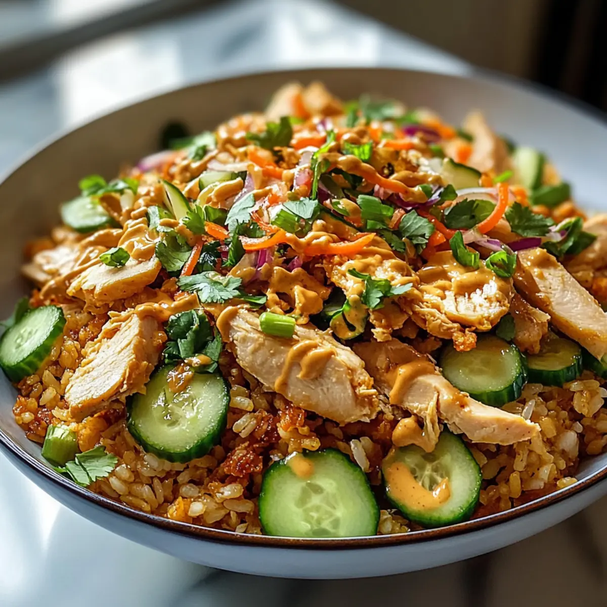 Bester knuspriger Reissalat mit Hähnchen und Erdnussdressing