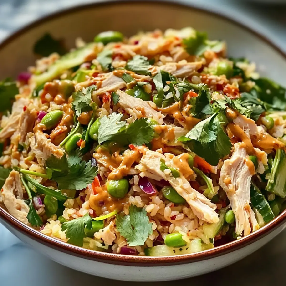 Hühnchen Crispy Reis Salat mit Erdnussdressing schnell genießen