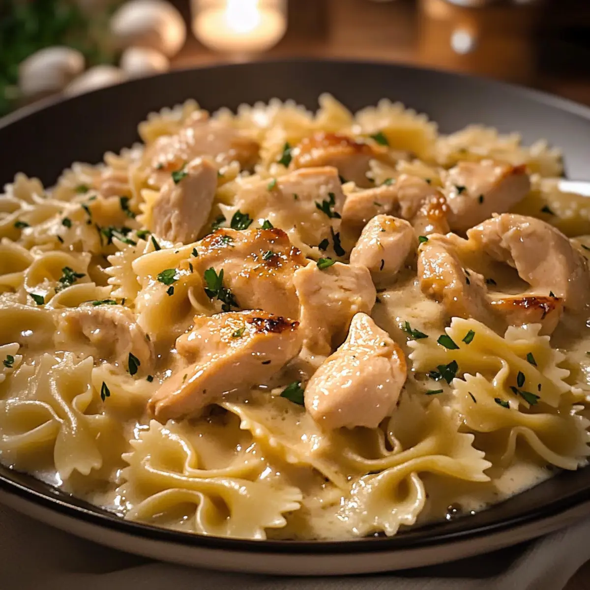 Farfalle mit Hühnchen und geröstetem Knoblauch genießen