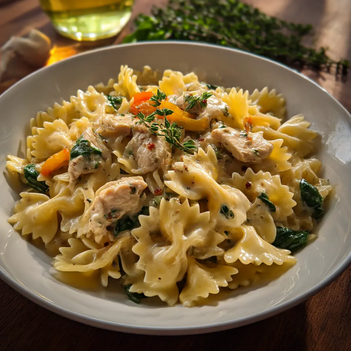 Farfalle mit Hähnchen und geröstetem Knoblauch geniessen