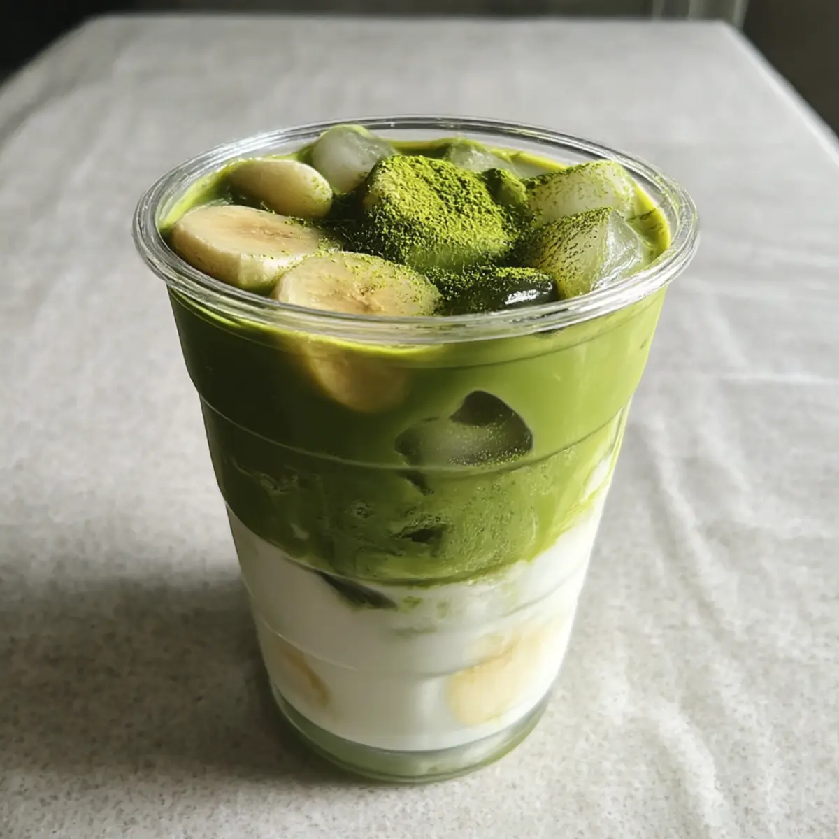 Eisige Bananen-Creme-Matcha-Latte für heiße Tage