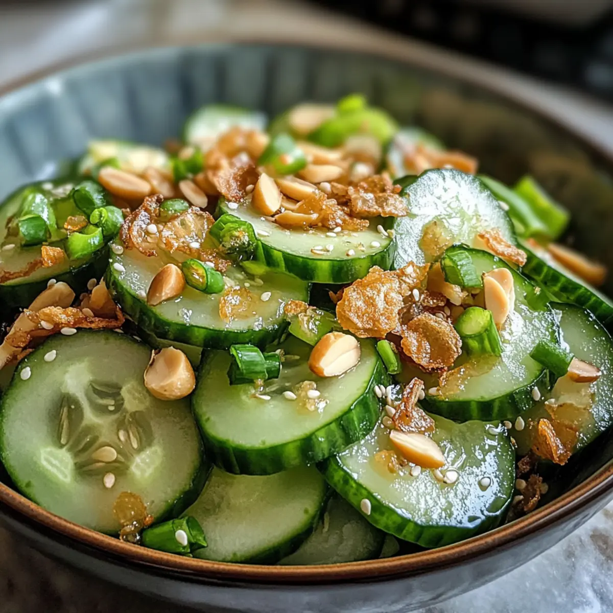 Leckerer Miso Gurkensalat mit knusprigen Schalotten