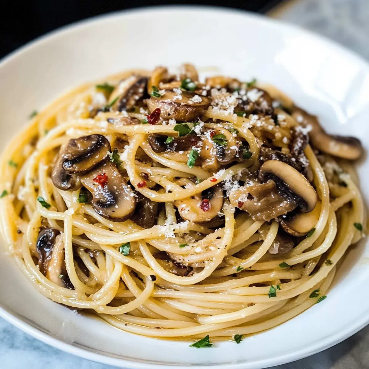 Pilz Spaghetti Aglio Olio in 15 Minuten serviert