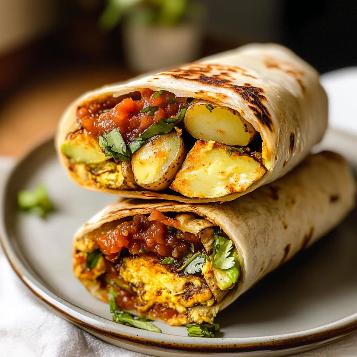 Kartoffel Frühstücksburrito mit cremigem Avocado-Boost